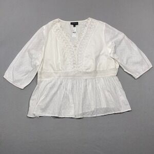 Lane Bryant White V Neck Crochet Trim 3/4 Sleeves Top Plus Size 26 Peplum